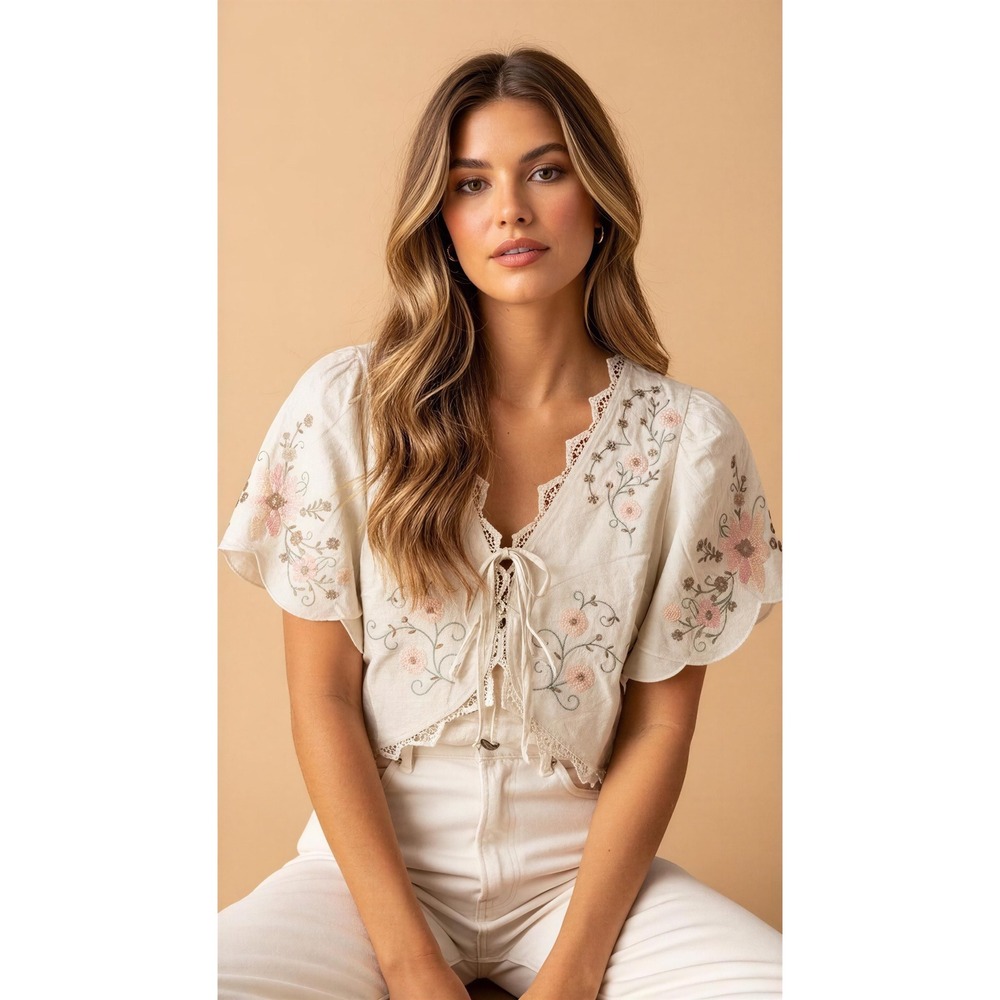 Moon River Embroidered Linen Blend Tie Front Crop Top Beige Floral Lace Trim M